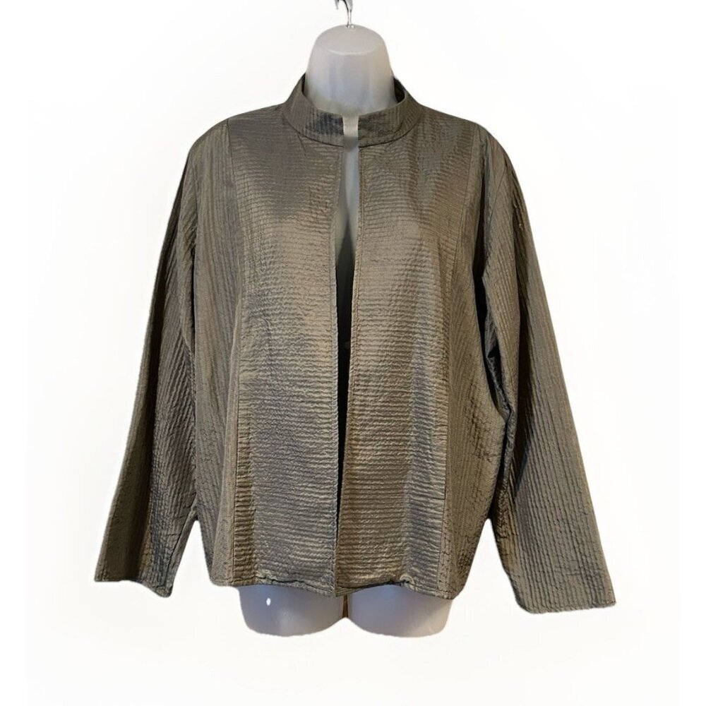 Eileen Fisher Silk Textured Shawl Open Cardigan Jacket Women's Size Large Green